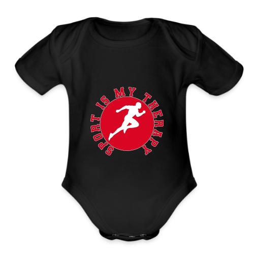 Sport Is My Therapy – Running Motivation Badge - Organic Short Sleeve Baby Bodysuit