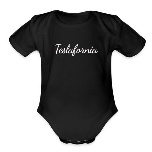Teslafornia White Script - Organic Short Sleeve Baby Bodysuit