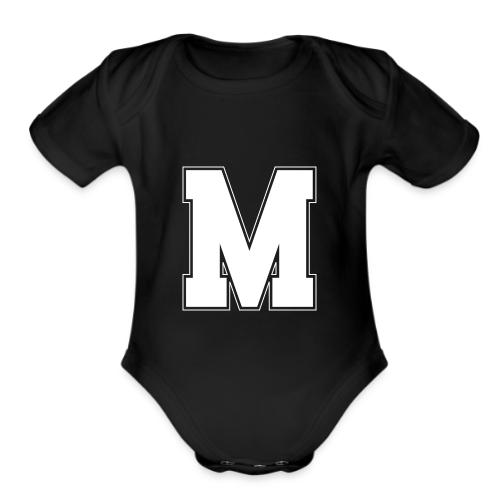White Letter M – Varsity Alphabet Monogram - Organic Short Sleeve Baby Bodysuit