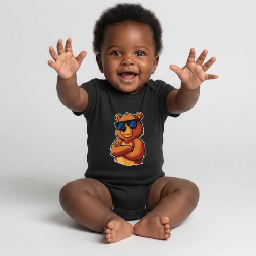 Cool Bear Sunglasses Cartoon Design - Organic Short Sleeve Baby Bodysuit