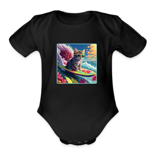 Kitten Surfing A Pink Flower Wave - Organic Short Sleeve Baby Bodysuit