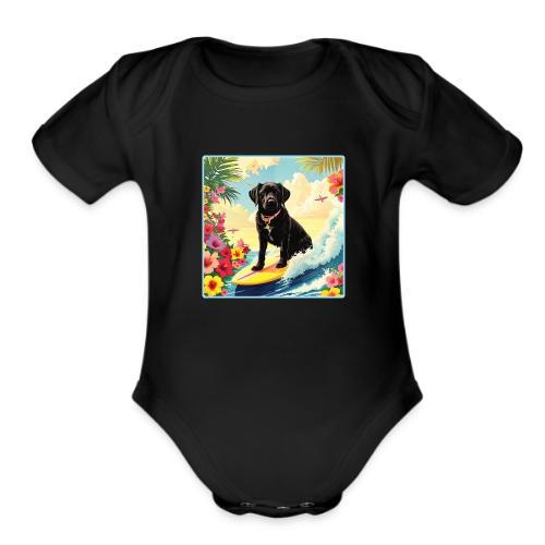 Black Labrador Retriever Surfing - Organic Short Sleeve Baby Bodysuit