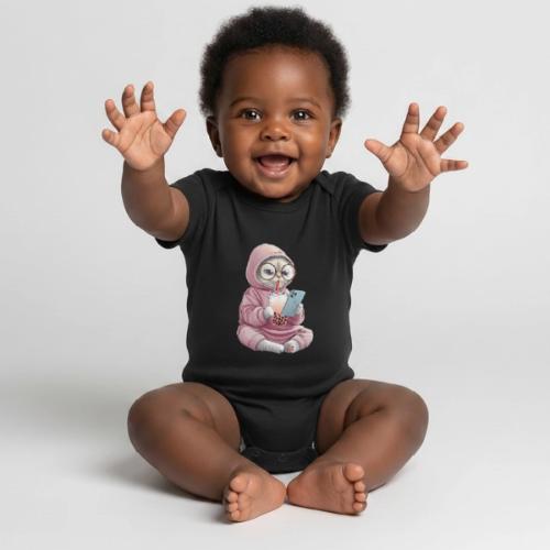 Cool Cat Bubble Tea Cartoon Design - Organic Short Sleeve Baby Bodysuit