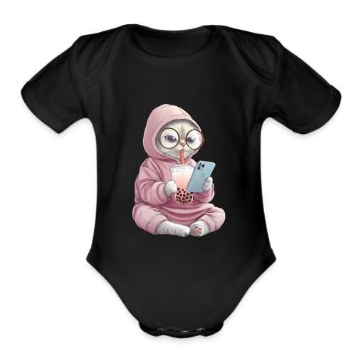 Cool Cat Bubble Tea Cartoon Design - Organic Short Sleeve Baby Bodysuit