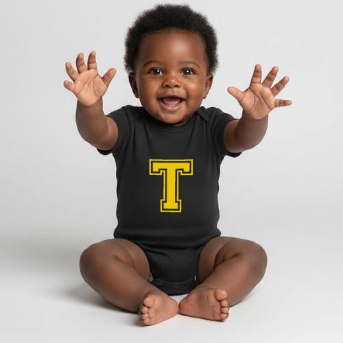 Letter T – Capital Athletic Alphabet Monogram - Organic Short Sleeve Baby Bodysuit