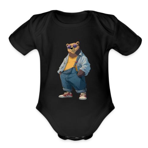 Fashion Streetwear Bear Cartoon Art - Organic Short Sleeve Baby Bodysuit