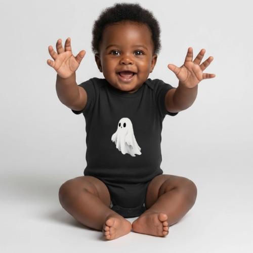 Cute Ghost Cartoon Design - Organic Short Sleeve Baby Bodysuit