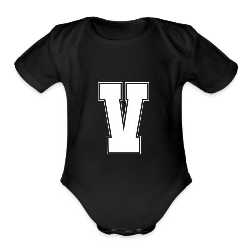 White Letter V – Varsity Alphabet Monogram - Organic Short Sleeve Baby Bodysuit