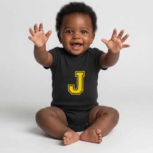 Letter J – Capital Athletic Alphabet Monogram - Organic Short Sleeve Baby Bodysuit