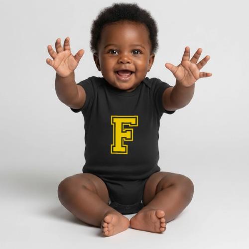 Letter F – Capital Athletic Alphabet Monogram - Organic Short Sleeve Baby Bodysuit