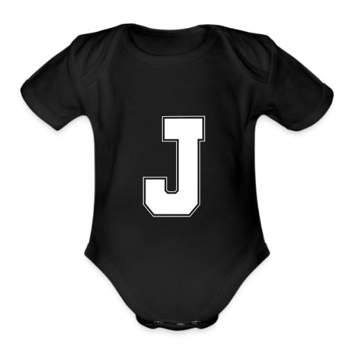 White Letter J – Varsity Alphabet Monogram - Organic Short Sleeve Baby Bodysuit