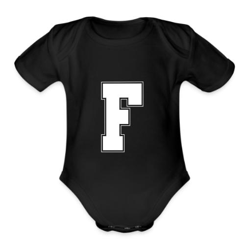 White Letter F – Varsity Alphabet Monogram - Organic Short Sleeve Baby Bodysuit
