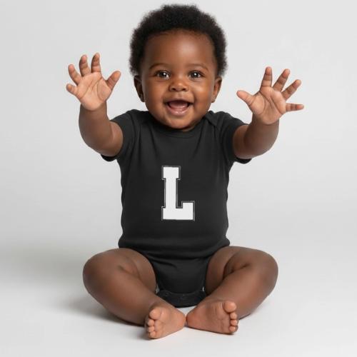 White Letter L – Varsity Alphabet Monogram - Organic Short Sleeve Baby Bodysuit