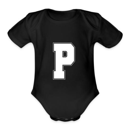 White Letter P – Varsity Alphabet Monogram - Organic Short Sleeve Baby Bodysuit