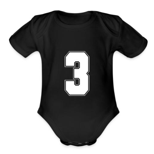 White Number 3 – Varsity Font - Organic Short Sleeve Baby Bodysuit