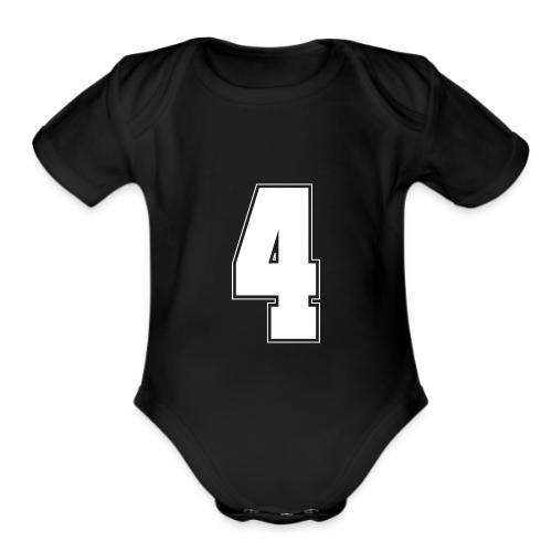 White Number 4 – Varsity Font - Organic Short Sleeve Baby Bodysuit
