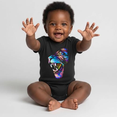 Colorful Lion Head Portrait Drawing - Roaring Lion - Organic Short Sleeve Baby Bodysuit