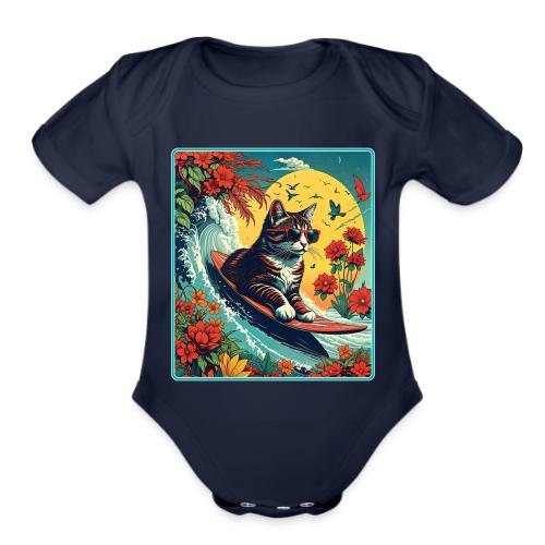 Kitten Surfing In Flowers - Organic Short Sleeve Baby Bodysuit