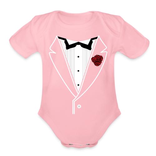 Tuxedo Shirt With Black Bowtie And Red Rose - Organic Short Sleeve Baby Bodysuit