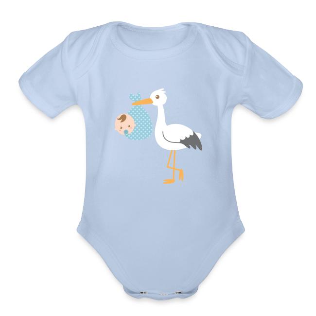 Rusty Doodle Stork Delivers Baby Boy In Blue Polka Dot Bundle
