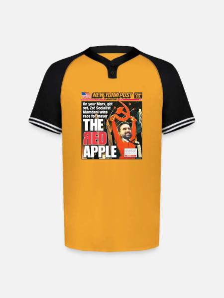 The Red Apple New York Post Zohran Mamdani  - Augusta Sportswear Men's Cutter Henley Jersey - gold/black