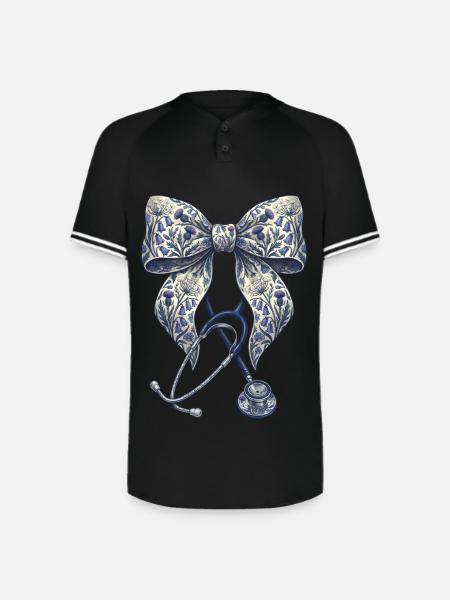 Floral Bow Stethoscope - Augusta Sportswear Men's Cutter Henley Jersey - black/white