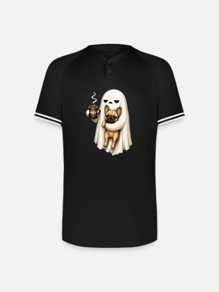 Meh Ghost Sips Coffee with Pug - Augusta Sportswear Men's Cutter Henley Jersey - black/white