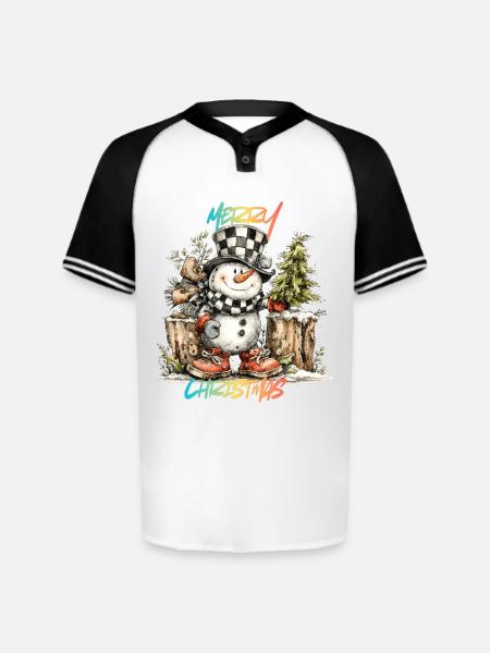 Checkerboard Snowman Christmas Tee - Augusta Sportswear Men's Cutter Henley Jersey - white/black