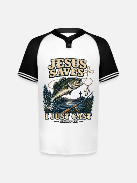 Jesus Saves I Just Cast Christian Fishing - Augusta Sportswear Men's Cutter Henley Jersey - white/black
