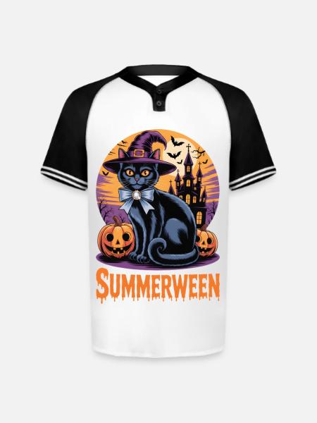 Black Cat Spooky Cute Art Summerween - Augusta Sportswear Men's Cutter Henley Jersey - white/black - Front