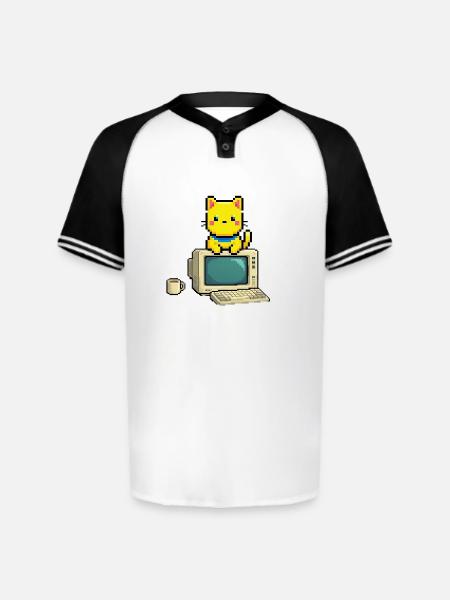 Pixel Cat on Retro Computer - Augusta Sportswear Men's Cutter Henley Jersey - white/black