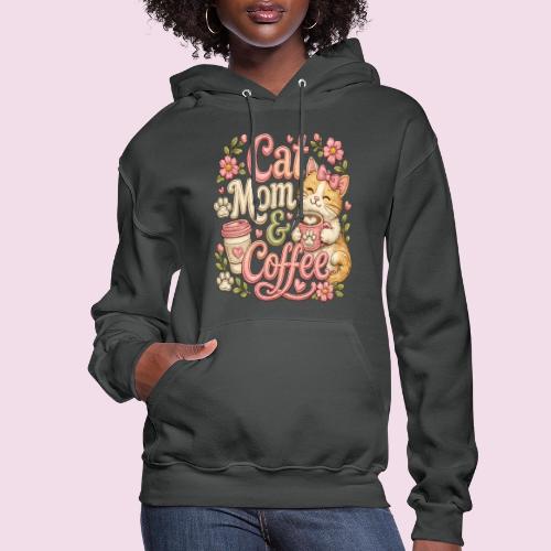 Cat Mom & Coffee Faux Stitched Cat Lover Design - Women's Hoodie