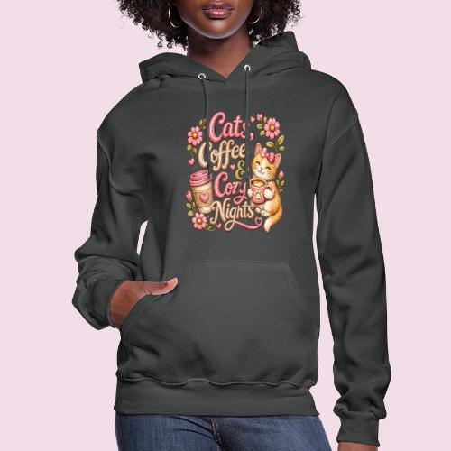 Cats, Coffee & Cozy Nights Faux Stitched Design - Women's Hoodie