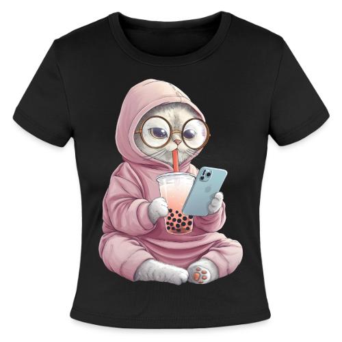 Cool Cat Bubble Tea Cartoon Design - Slim Fit Rib Women's T-Shirt