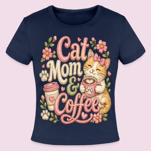Cat Mom & Coffee Faux Stitched Cat Lover Design - Slim Fit Rib Women's T-Shirt