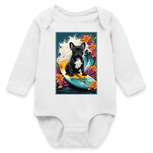French Bulldog Surfing A Flower Wave - Long Sleeve Baby Bodysuit