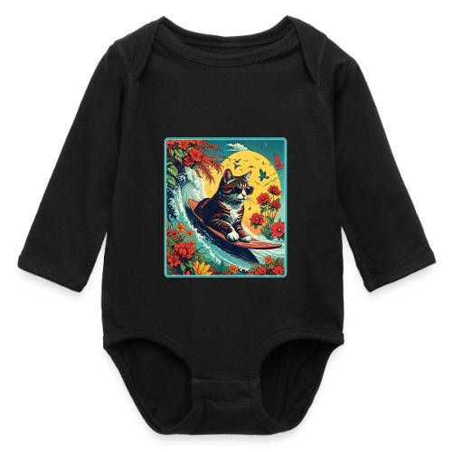 Kitten Surfing In Flowers - Long Sleeve Baby Bodysuit
