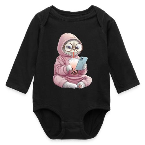 Cool Cat Bubble Tea Cartoon Design - Long Sleeve Baby Bodysuit