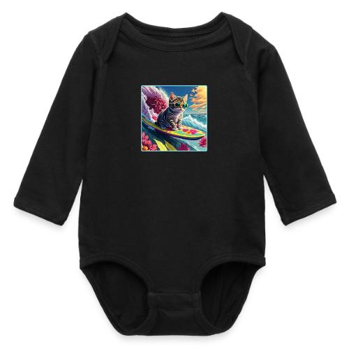 Kitten Surfing A Pink Flower Wave - Long Sleeve Baby Bodysuit