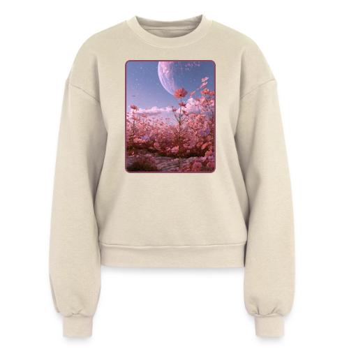Cosmic Moon & Cosmos Flowers Art - Women's Fleece Crewneck Sweatshirt
