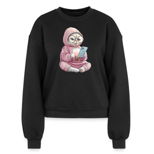 Cool Cat Bubble Tea Cartoon Design - Women's Fleece Crewneck Sweatshirt