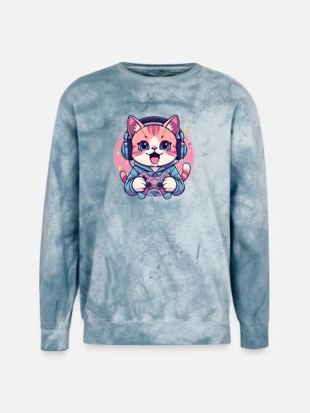 Pixel Purring Gamer Kitty - Unisex Colorblast Crewneck Sweatshirt - ocean