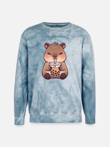 Kawaii CapybaraDrinking Milk Tea - Unisex Colorblast Crewneck Sweatshirt - ocean