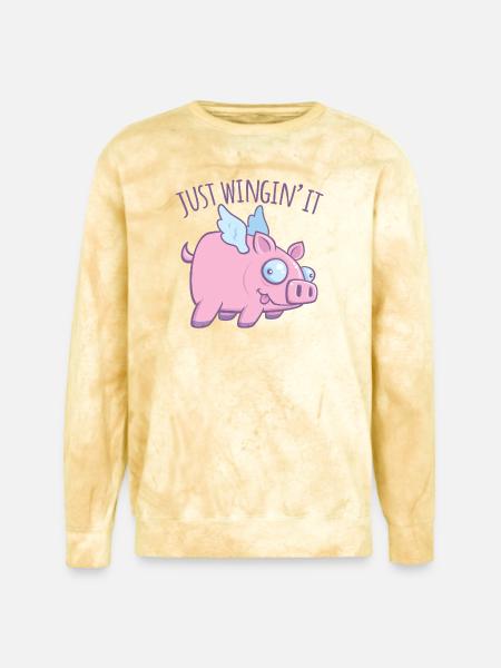 Just Wingin’ It Derpy Flying Pig - Unisex Colorblast Crewneck Sweatshirt - citrine