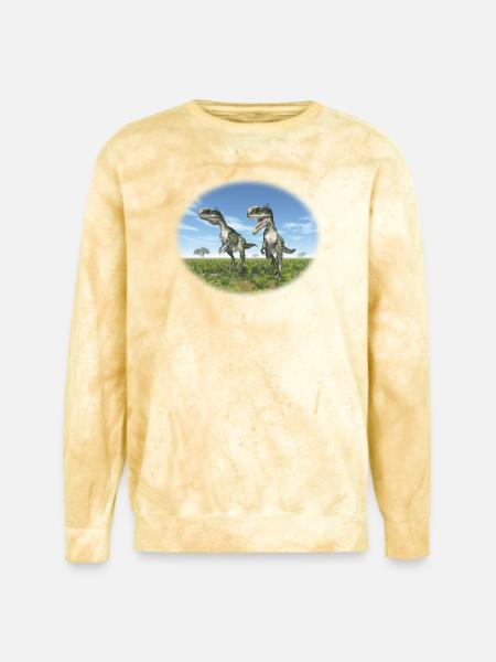 Monolophosaurus in a Prehistoric Landscape - Unisex Colorblast Crewneck Sweatshirt - citrine