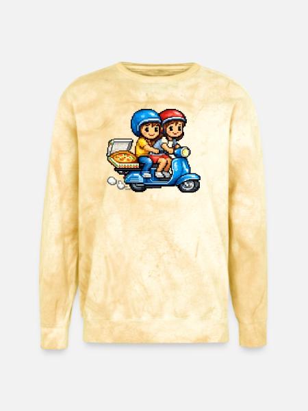 Boy and Girl on Vespa with Pizza! - Unisex Colorblast Crewneck Sweatshirt - citrine