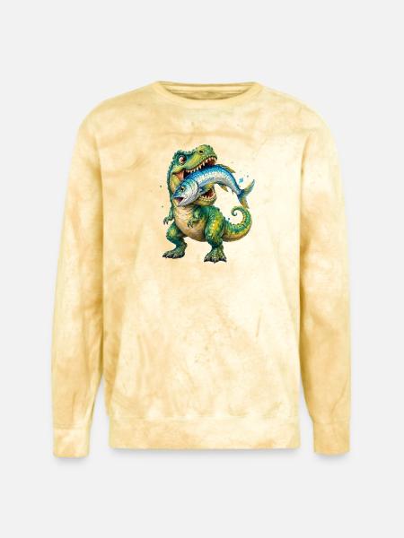Cretaceous Catch: Dino with Fish - Unisex Colorblast Crewneck Sweatshirt - citrine
