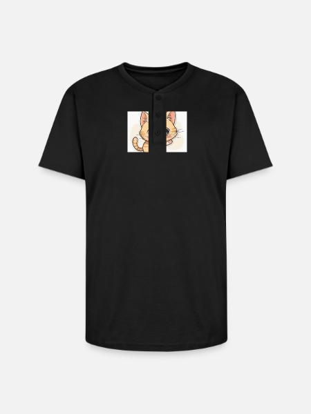 Waving Kawaii Orange Tabby - Unisex Henley T-Shirt - black