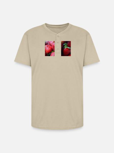 Crimson Strawberry Closeup - Unisex Henley T-Shirt - sand