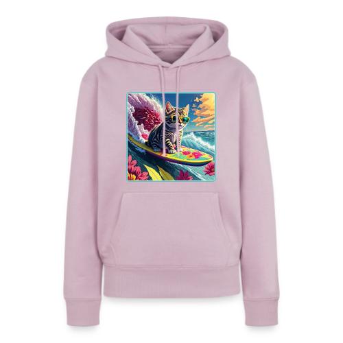 Kitten Surfing A Pink Flower Wave - Women's Premium Hoodie